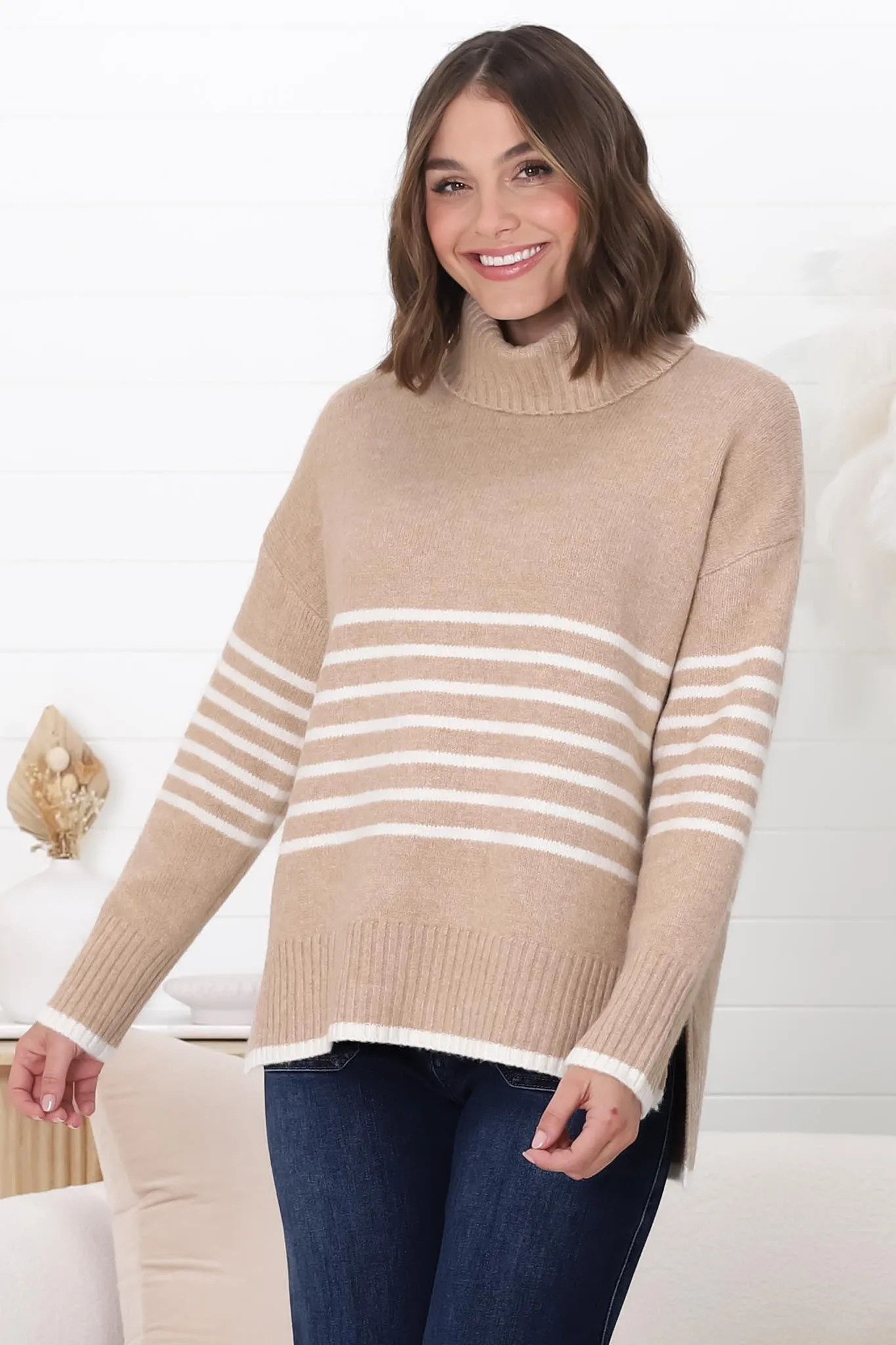 Emmett Jumper - Turtle Neck Stripe Pull Over Jumper with Stripes in Camel sold by Salty Crush product image thumbnail 4