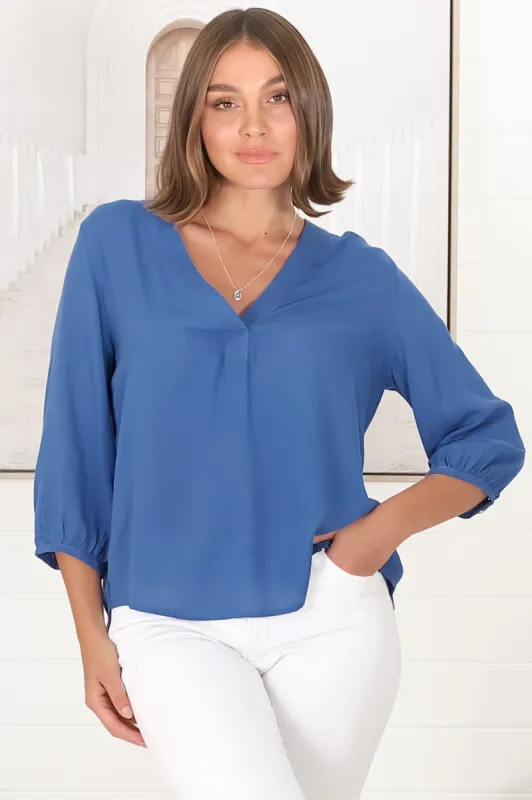 Brenda Top - V Neck 3/4 Sleeve with Button Cuff High-Low Hem Top in Blue made by Salty Crush