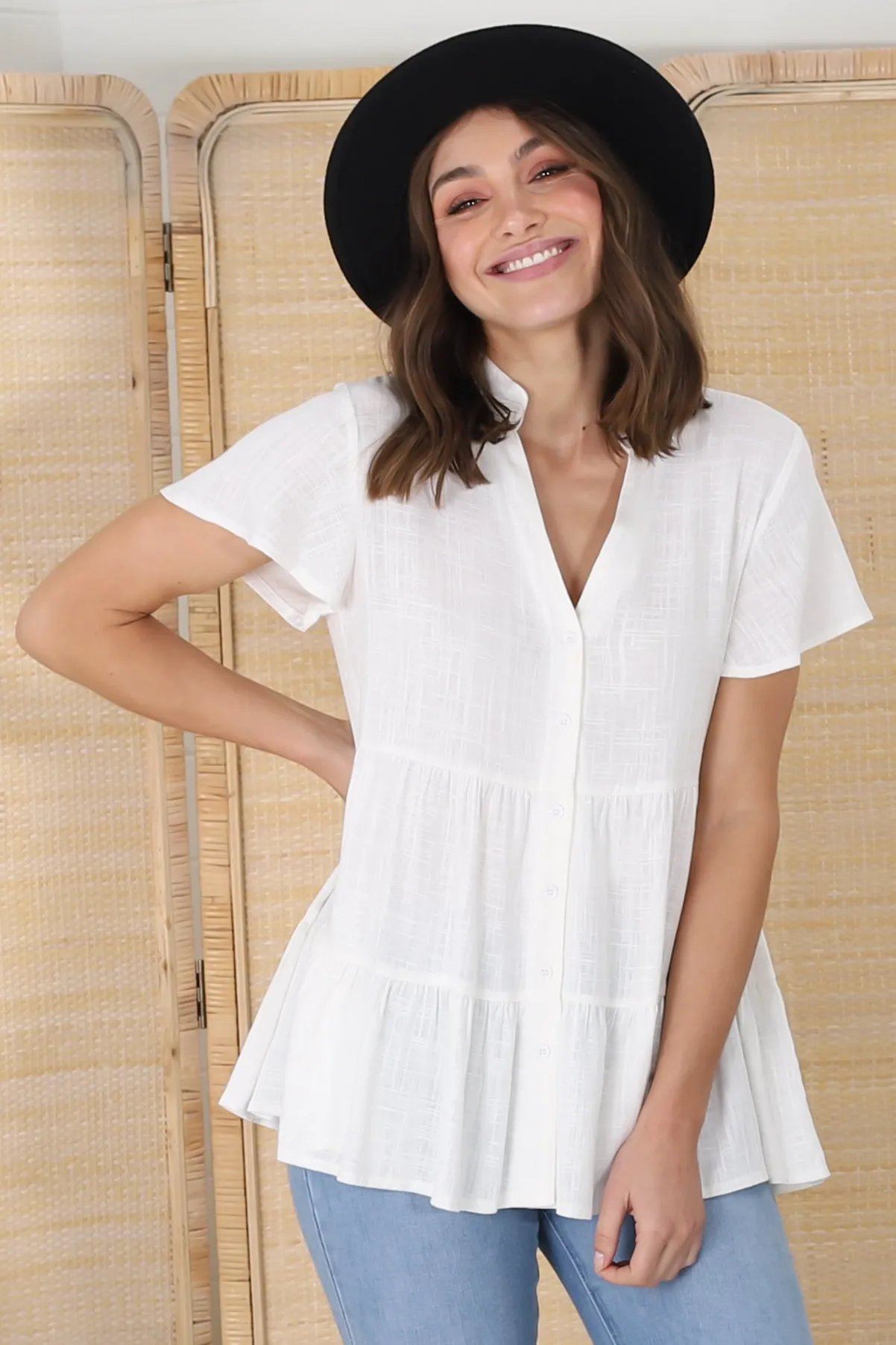 Barila Top - Mandarin Collar Button Down Tiered Top in White sold by Salty Crush
