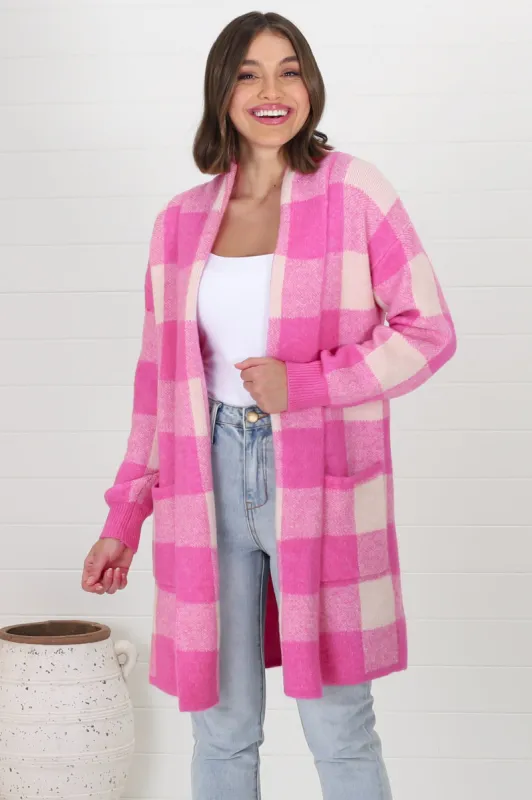 Adelen Cardigan - Folded Center Front Checkered Cardigan in Pink sold by Salty Crush