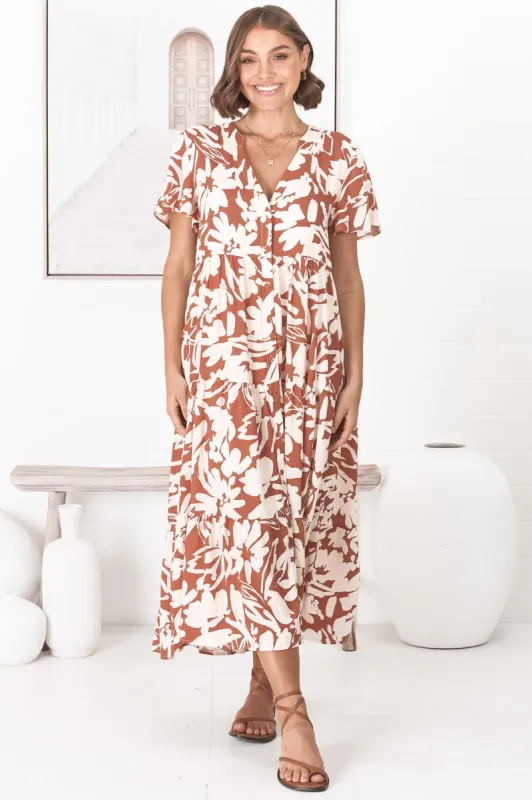 Bree Midi Dress - Relaxed Mandarin Collar Button Down Tiered Dress in Charis Print Rust sold by Salty Crush