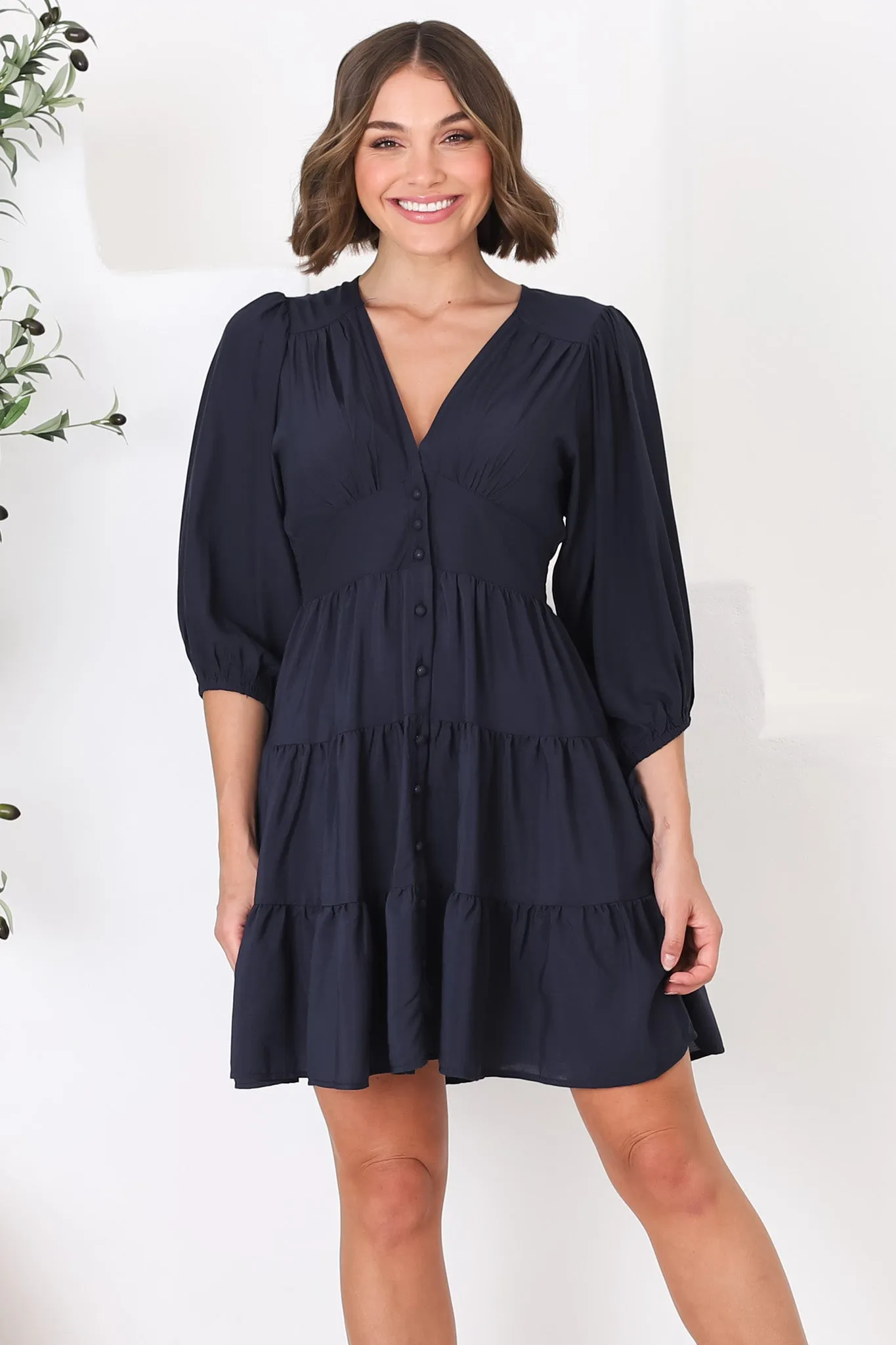 Amilia Mini Dress - Tiered Button Down Dress in Navy sold by Salty Crush product image thumbnail 5