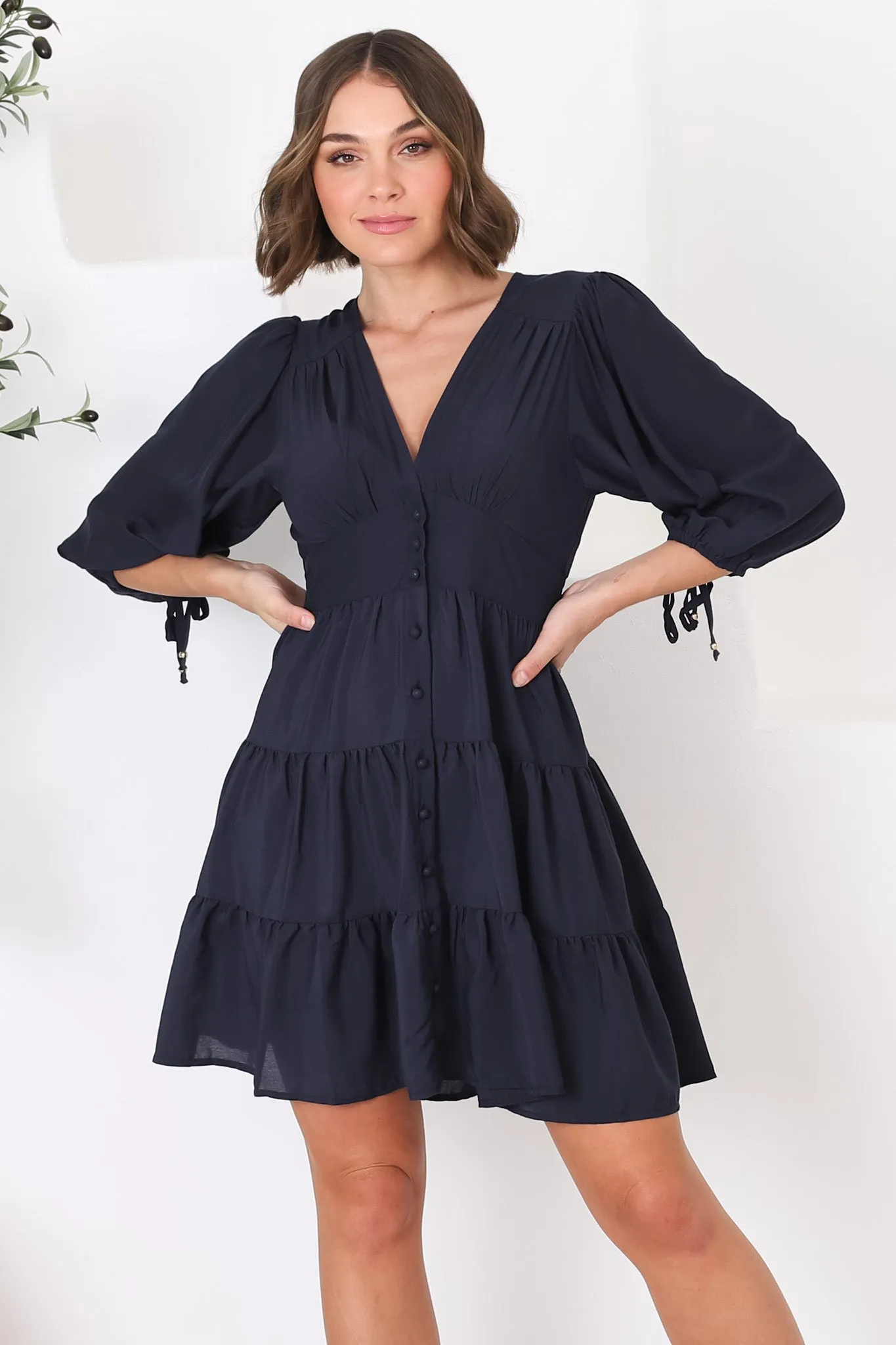 Amilia Mini Dress - Tiered Button Down Dress in Navy sold by Salty Crush