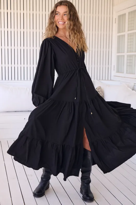 JAASE - Teresa Maxi Dress: A Line Dress with Long Balloon Sleeves in Onyx sold by Salty Crush