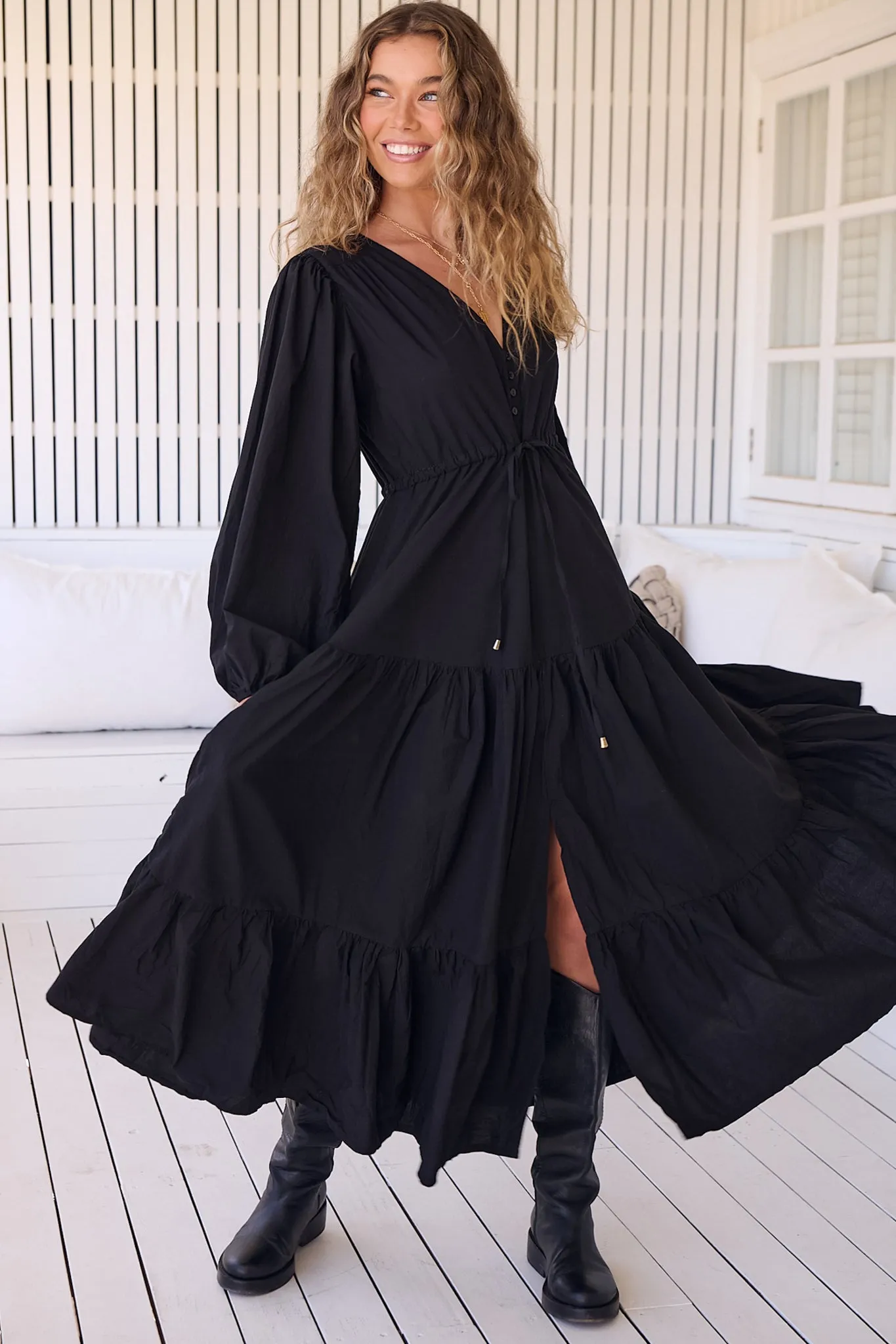JAASE - Teresa Maxi Dress: A Line Dress with Long Balloon Sleeves in Onyx sold by Salty Crush