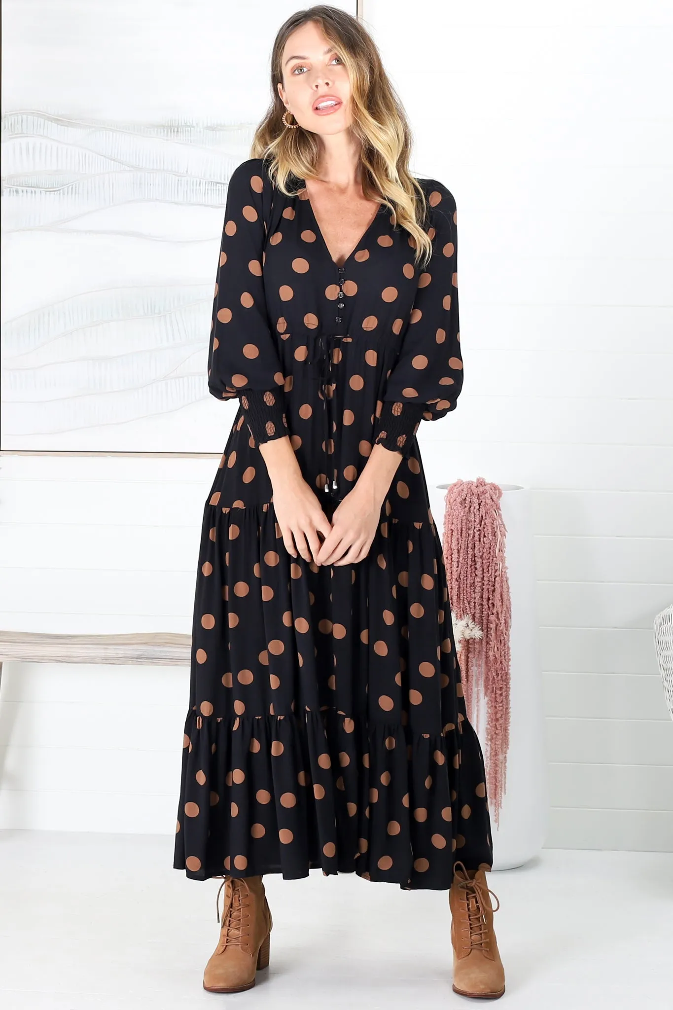 Kass Maxi Dress - Buttoned Bodice Pull In Waist Dress In Mahony Print sold by Salty Crush product image thumbnail 3