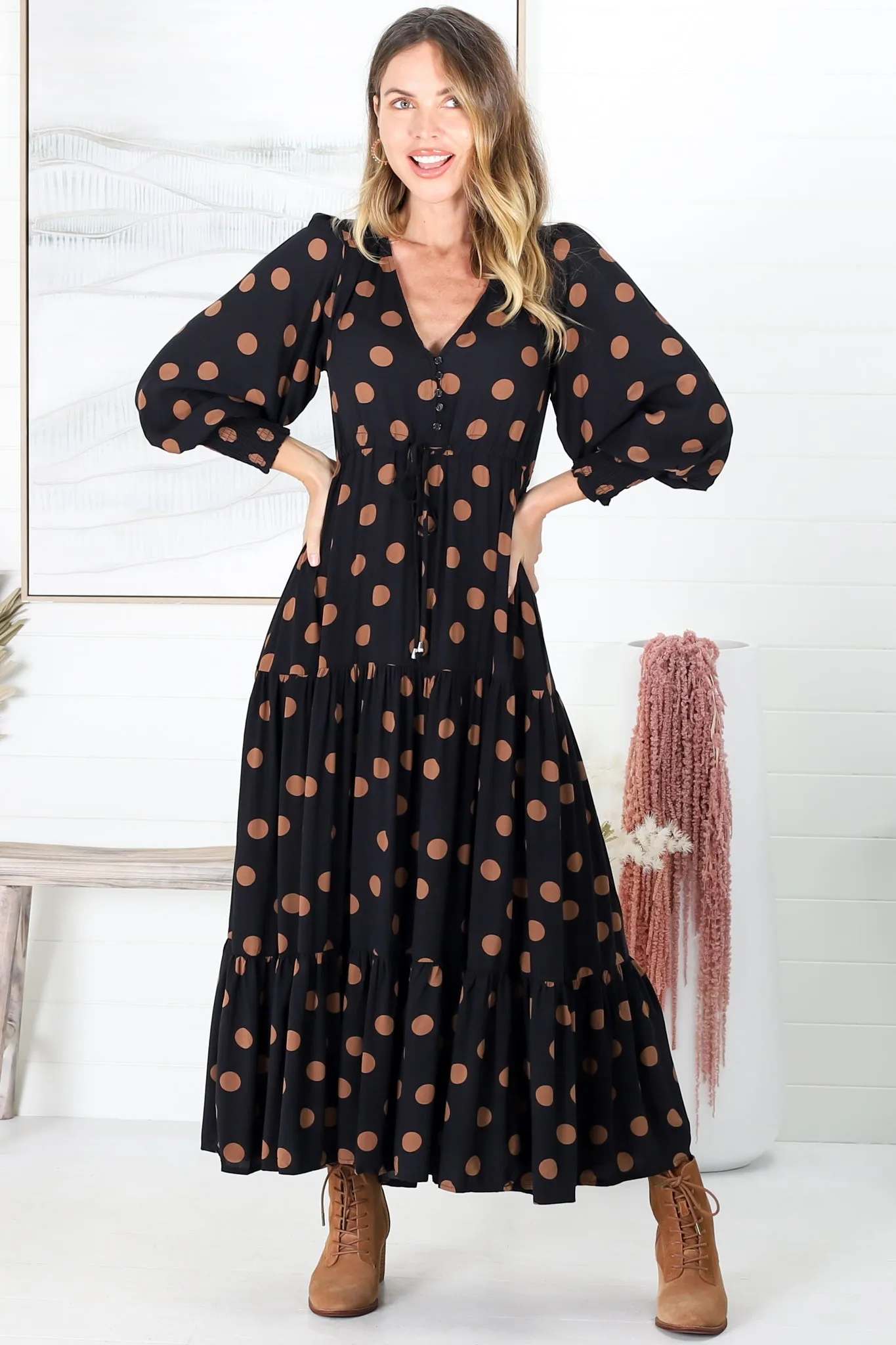 Kass Maxi Dress - Buttoned Bodice Pull In Waist Dress In Mahony Print sold by Salty Crush