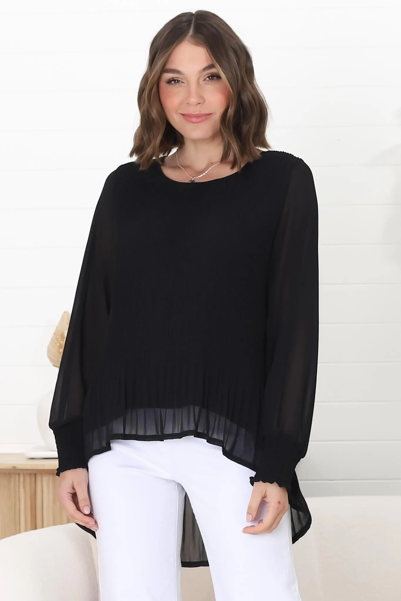 Kayt Blouse - Plisse Long Sleeve Top with High-Low Hemline in Black sold by Salty Crush product image thumbnail 2