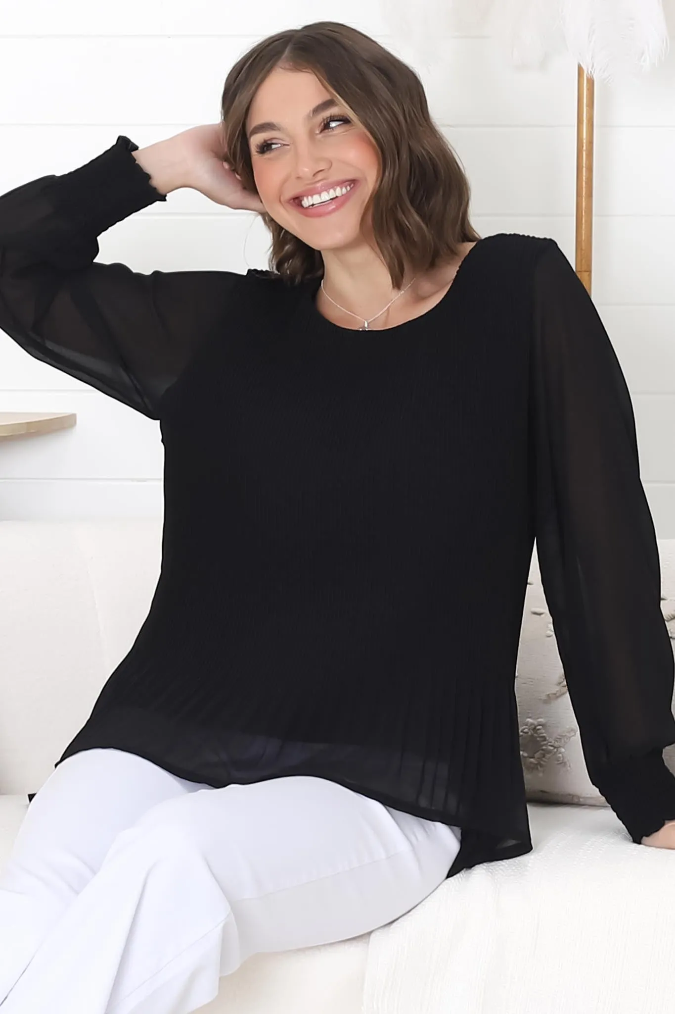 Kayt Blouse - Plisse Long Sleeve Top with High-Low Hemline in Black sold by Salty Crush product image thumbnail 5