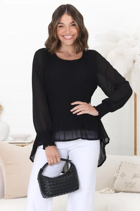 Kayt Blouse - Plisse Long Sleeve Top with High-Low Hemline in Black sold by Salty Crush