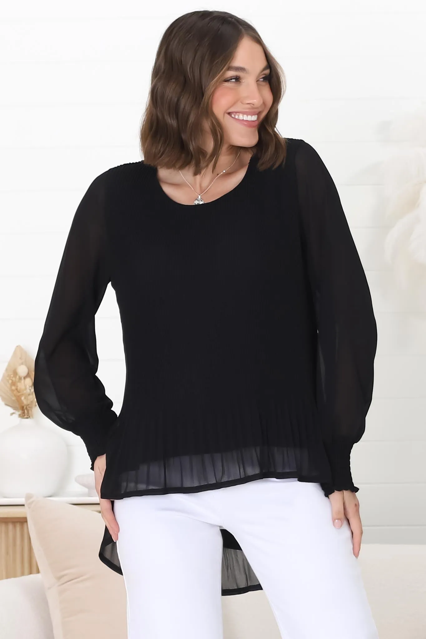 Kayt Blouse - Plisse Long Sleeve Top with High-Low Hemline in Black sold by Salty Crush product image thumbnail 4