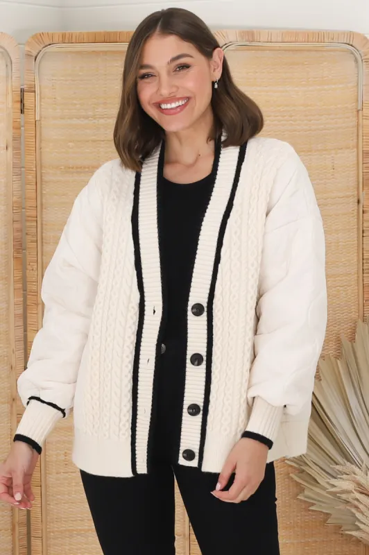 Acer Jacket - Cable Knit Front with Puffer Sleeve Jacket in Beige sold by Salty Crush