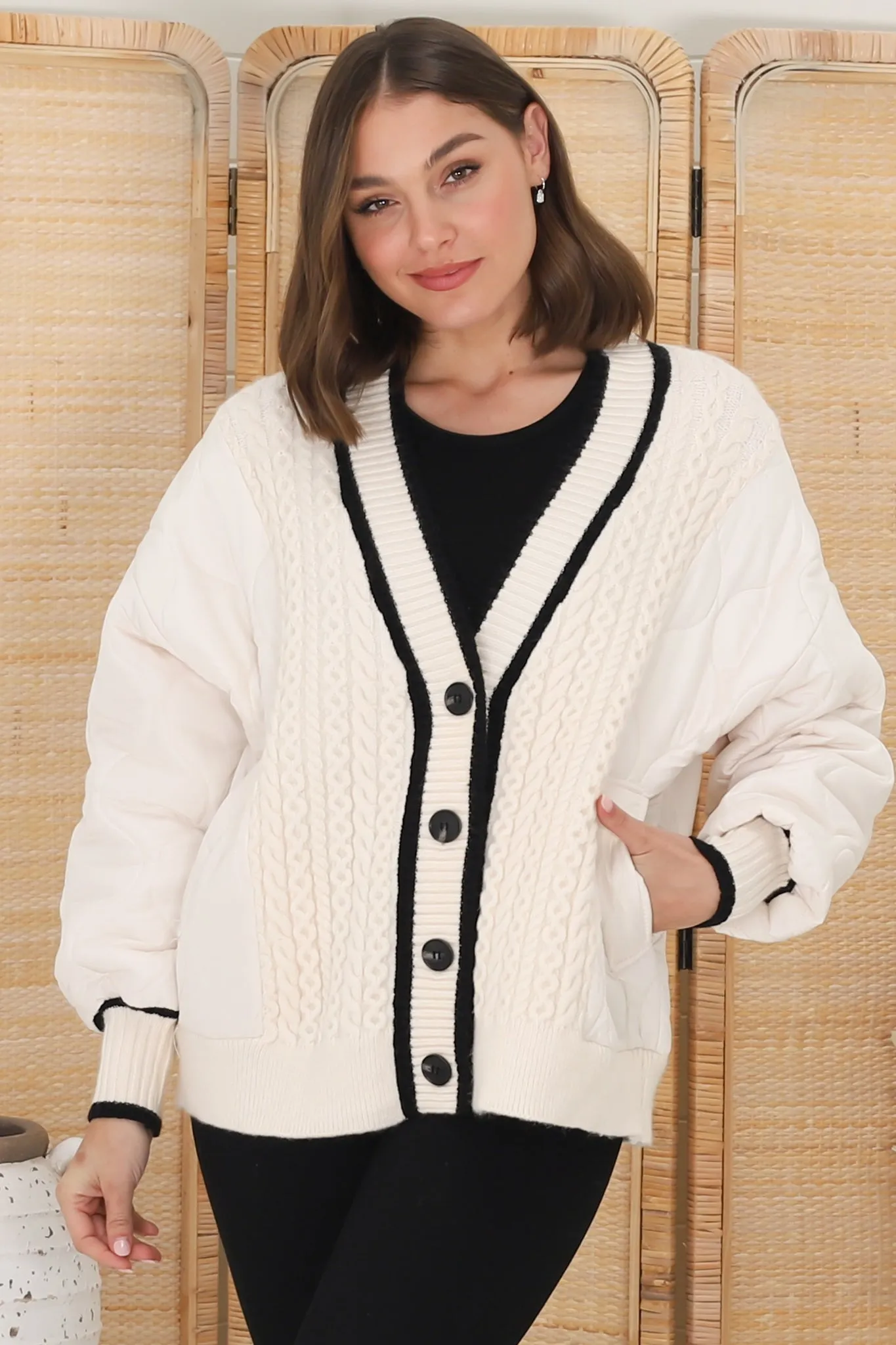 Acer Jacket - Cable Knit Front with Puffer Sleeve Jacket in Beige sold by Salty Crush product image thumbnail 2
