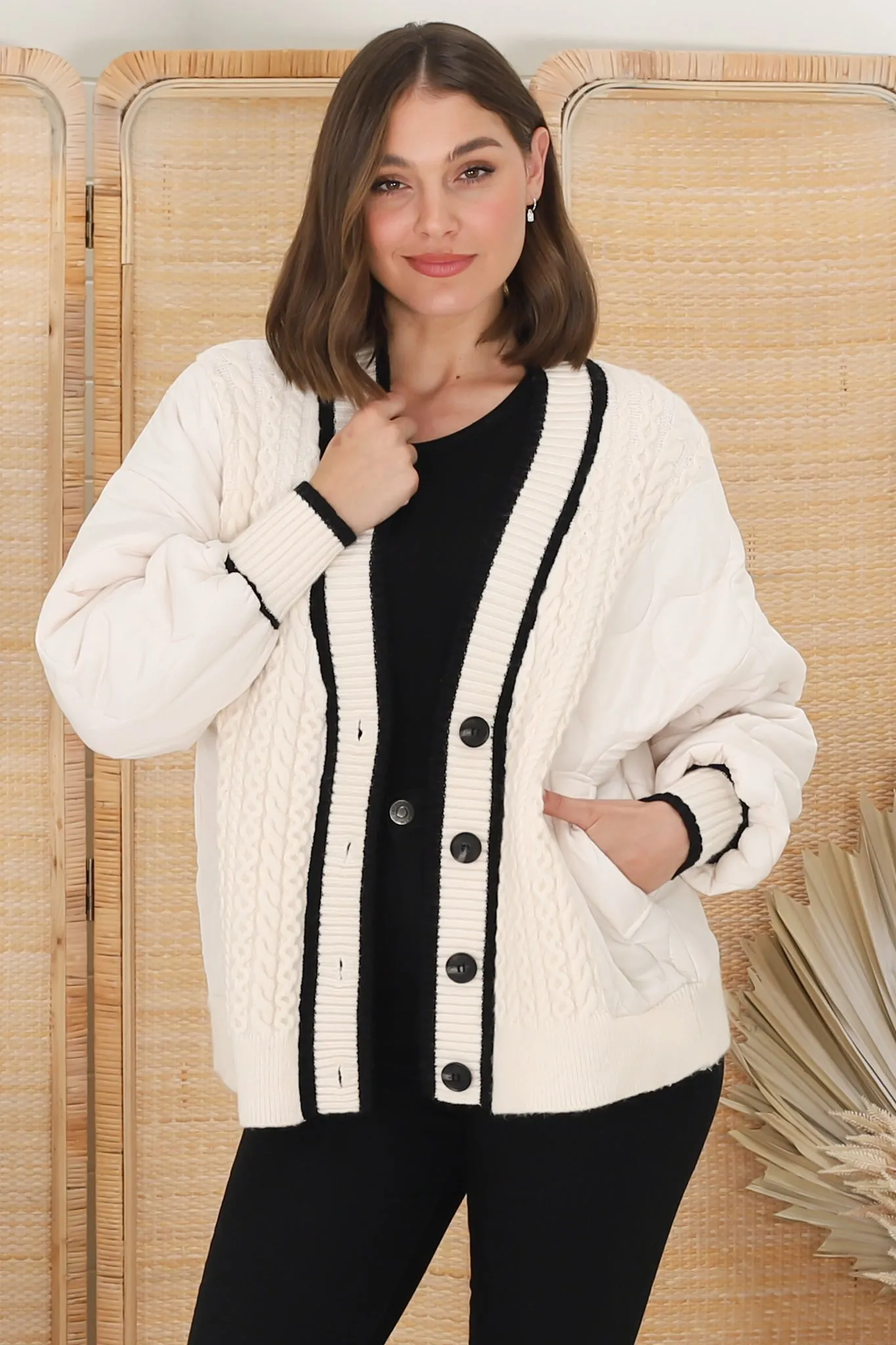 Acer Jacket - Cable Knit Front with Puffer Sleeve Jacket in Beige sold by Salty Crush product image thumbnail 3