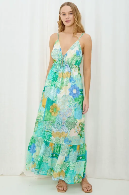 Calla Maxi Dress - Deep V Neck Spaghetti Strap Sun Dress in Avilia Print sold by Salty Crush