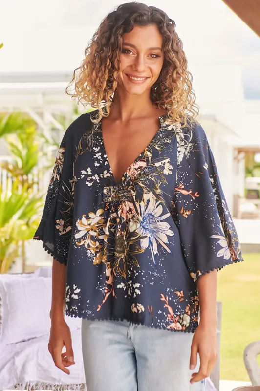 JAASE - Gabriella Top: Mandarin Collar Deep V Neck Crochet Trim Top in Indigo Print sold by Salty Crush
