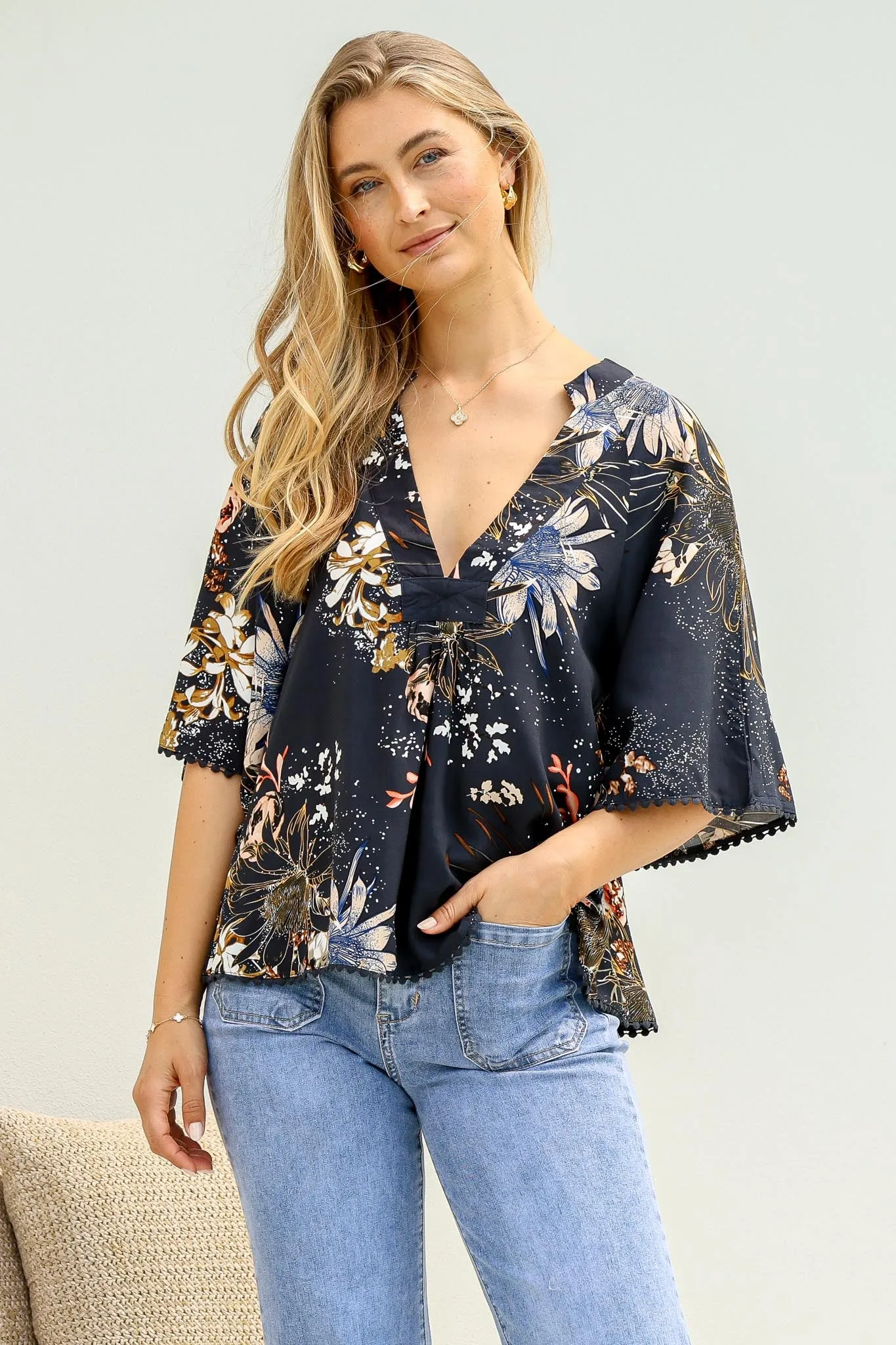 Gabriella Top - Mandarin Collar Deep V Neck Crochet Trim Top in Indigo Print sold by Salty Crush product image thumbnail 2