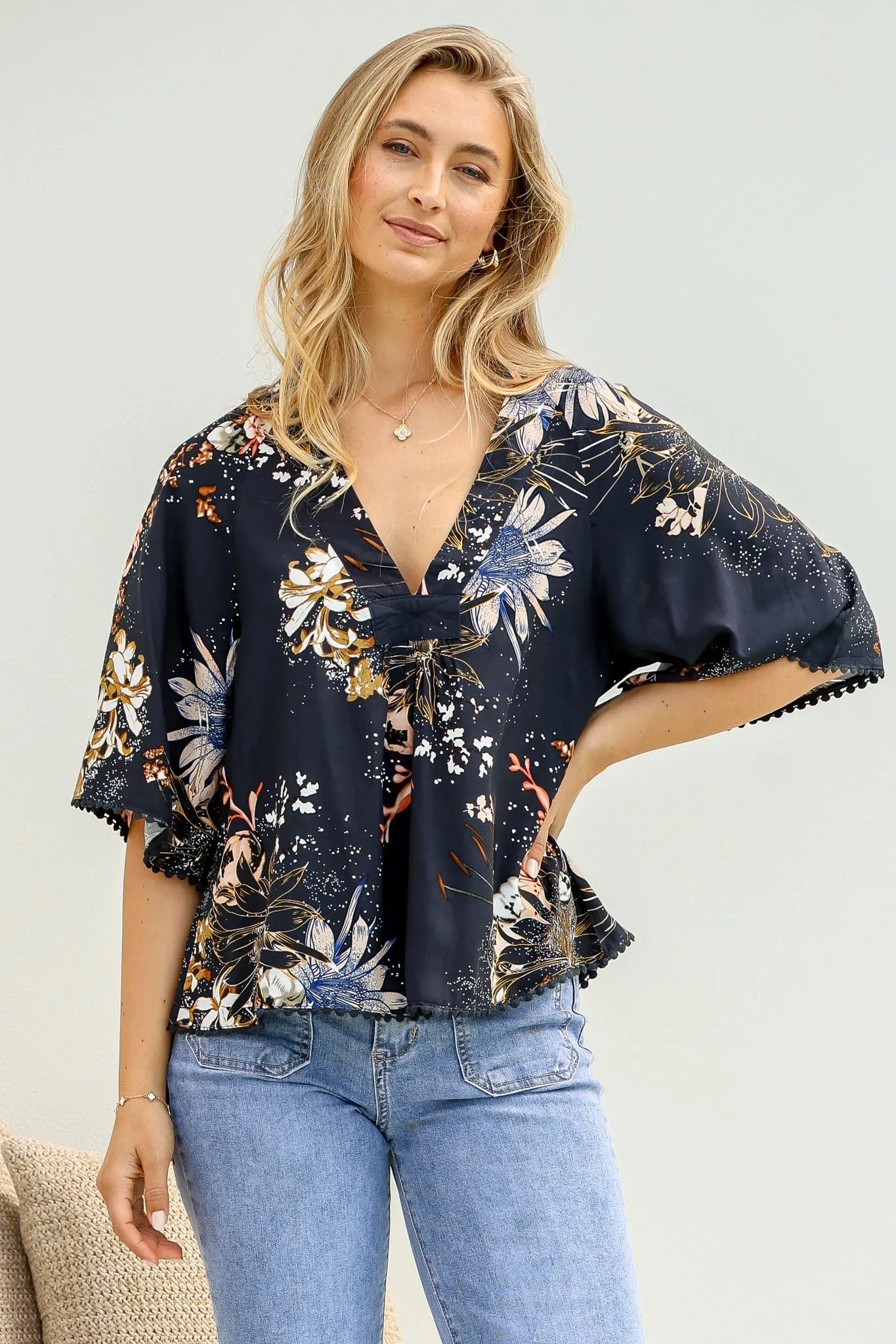 Gabriella Top - Mandarin Collar Deep V Neck Crochet Trim Top in Indigo Print sold by Salty Crush product image thumbnail 5