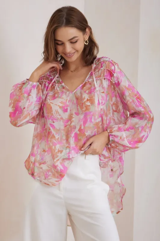 Suzi Blouse - Ruffled Shoulder Detailed Pull Over Top with Neck Tie in Pink Floral made by Salty Crush