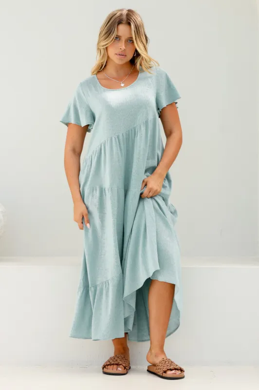 Allegra Midi Dress - Relaxed Asymmetric Tiered Linen Smock Dress in Sky Blue sold by Salty Crush