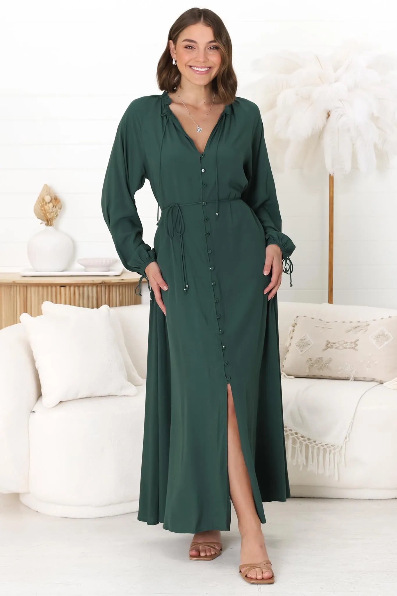 Amelie Maxi Dress - Frill Collar Button Through Dress with Waist Tie in Emerald sold by Salty Crush product image thumbnail 2