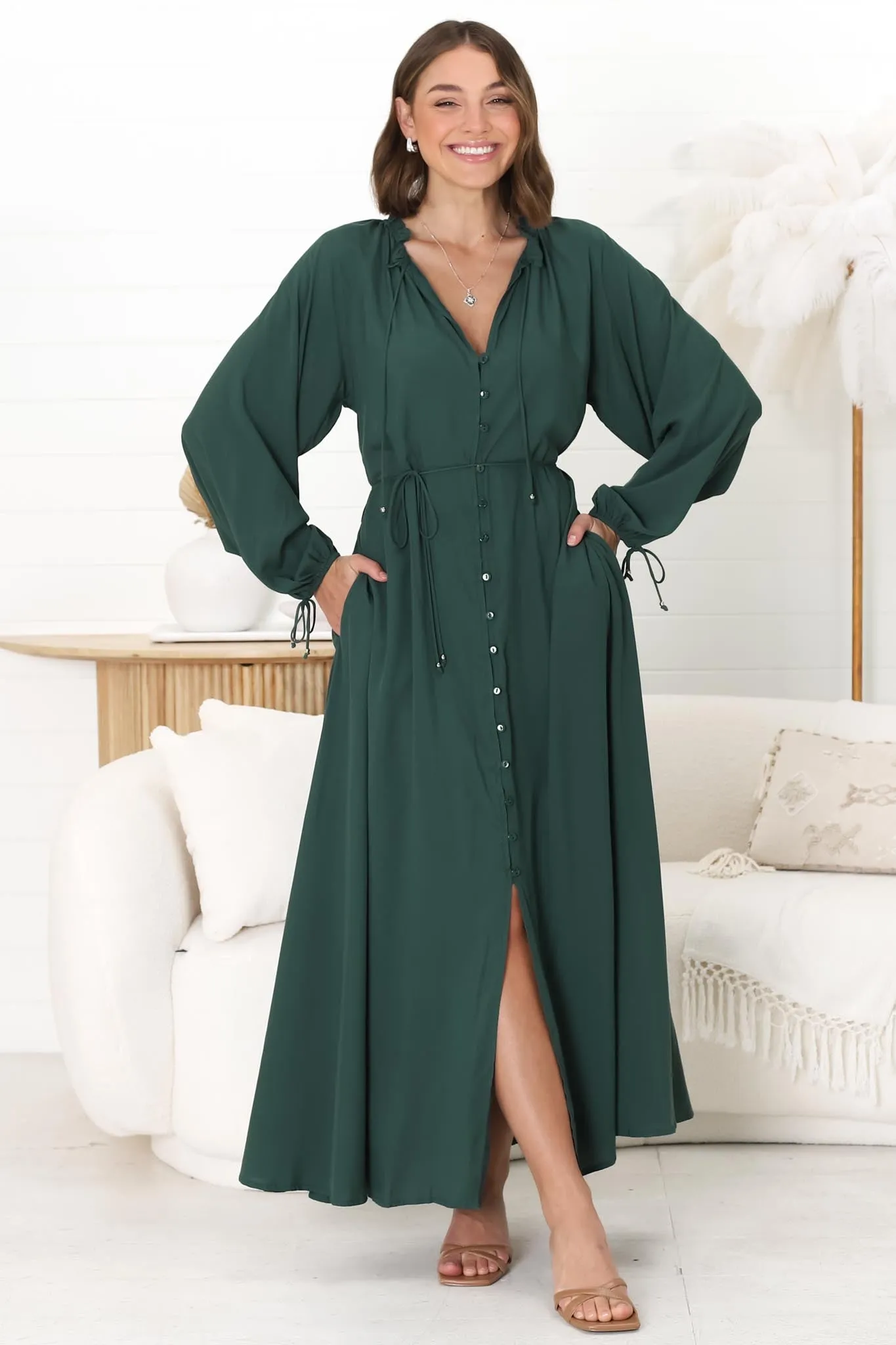 Amelie Maxi Dress - Frill Collar Button Through Dress with Waist Tie in Emerald sold by Salty Crush