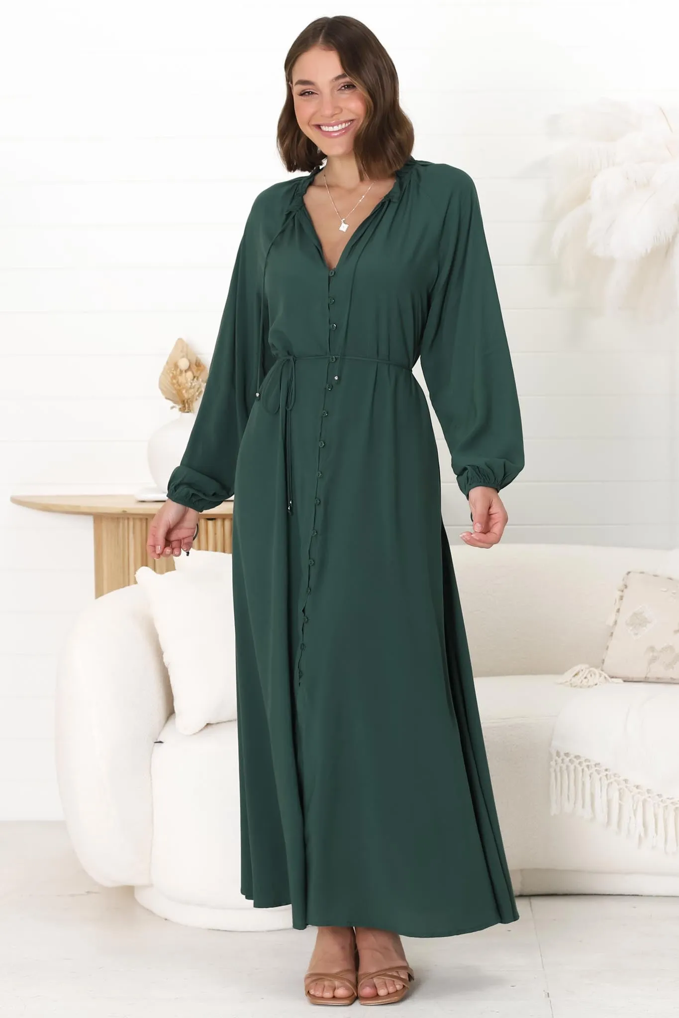 Amelie Maxi Dress - Frill Collar Button Through Dress with Waist Tie in Emerald sold by Salty Crush product image thumbnail 5