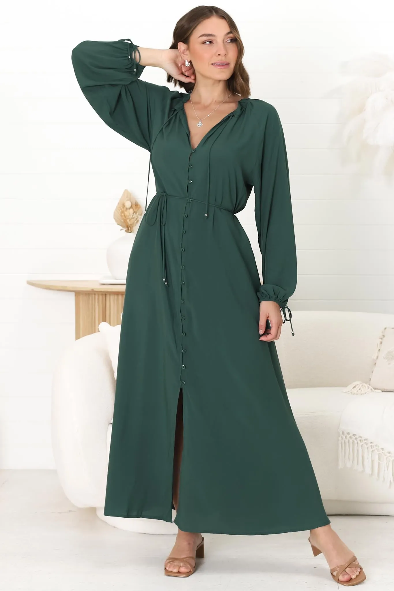 Amelie Maxi Dress - Frill Collar Button Through Dress with Waist Tie in Emerald sold by Salty Crush product image thumbnail 4