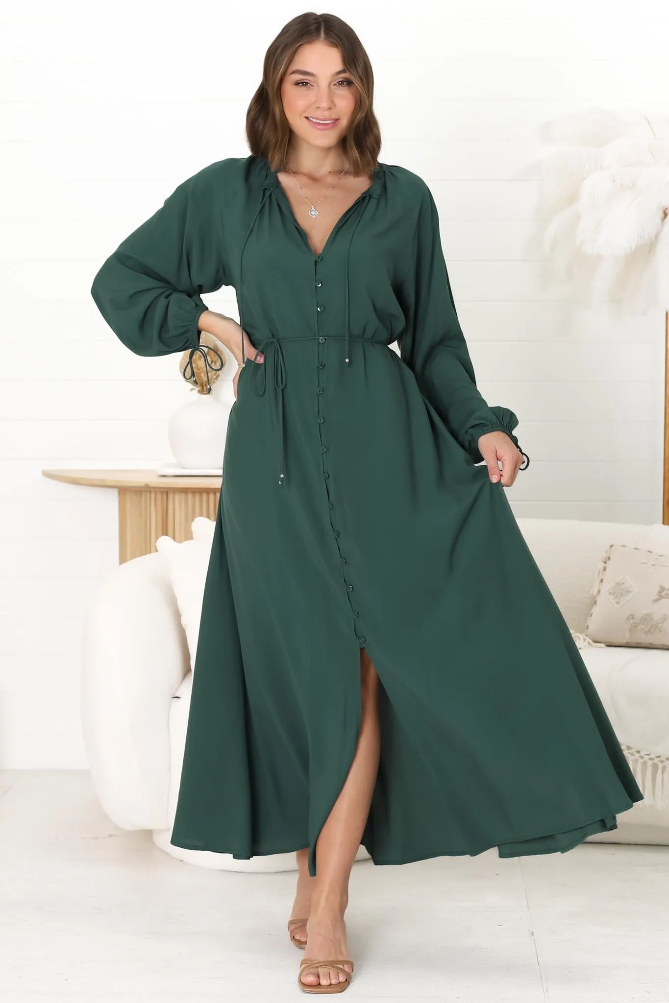 Amelie Maxi Dress - Frill Collar Button Through Dress with Waist Tie in Emerald sold by Salty Crush product image thumbnail 3