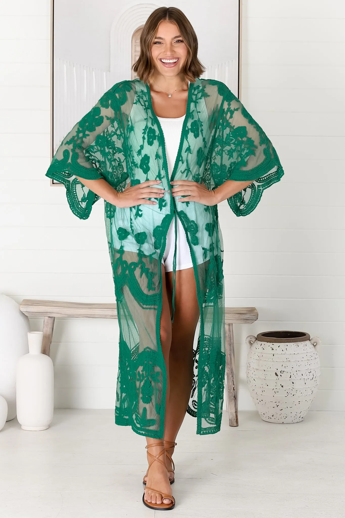 Haylo Kimono - Floral Lace Kimono with Scallop Hemline in Emerald sold by Salty Crush product image thumbnail 5