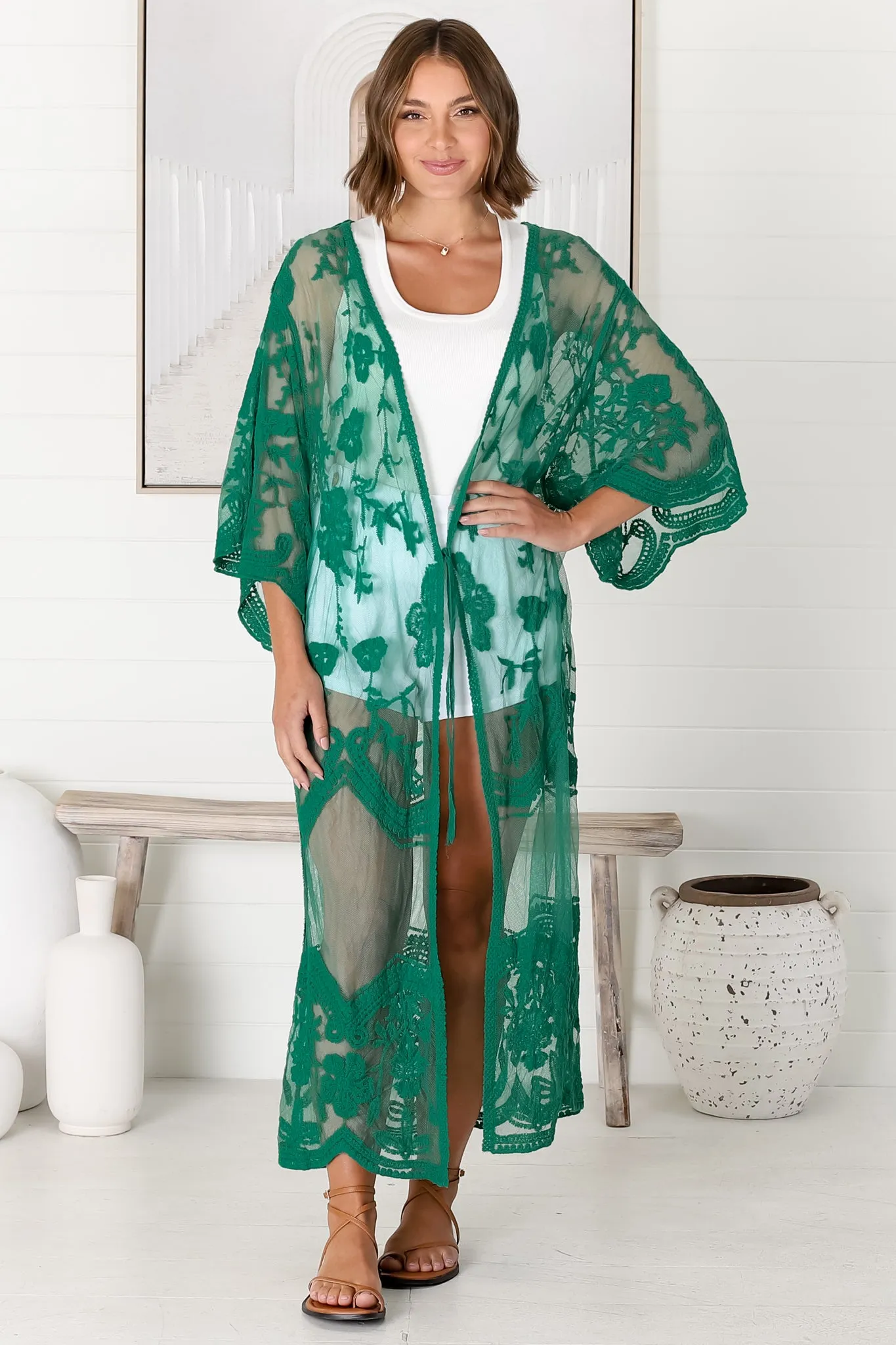 Haylo Kimono - Floral Lace Kimono with Scallop Hemline in Emerald sold by Salty Crush product image thumbnail 2