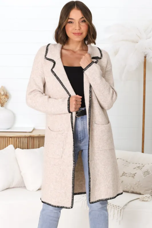 Kinny Cardigan - Collared Contrast Stitching Cardigan in Oat sold by Salty Crush