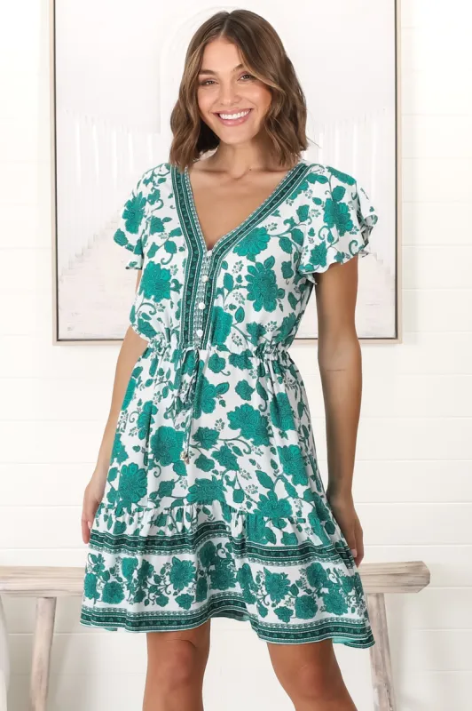 Kailin Mini Dress - Cap Sleeve A Line Dress in Green Floral Print sold by Salty Crush