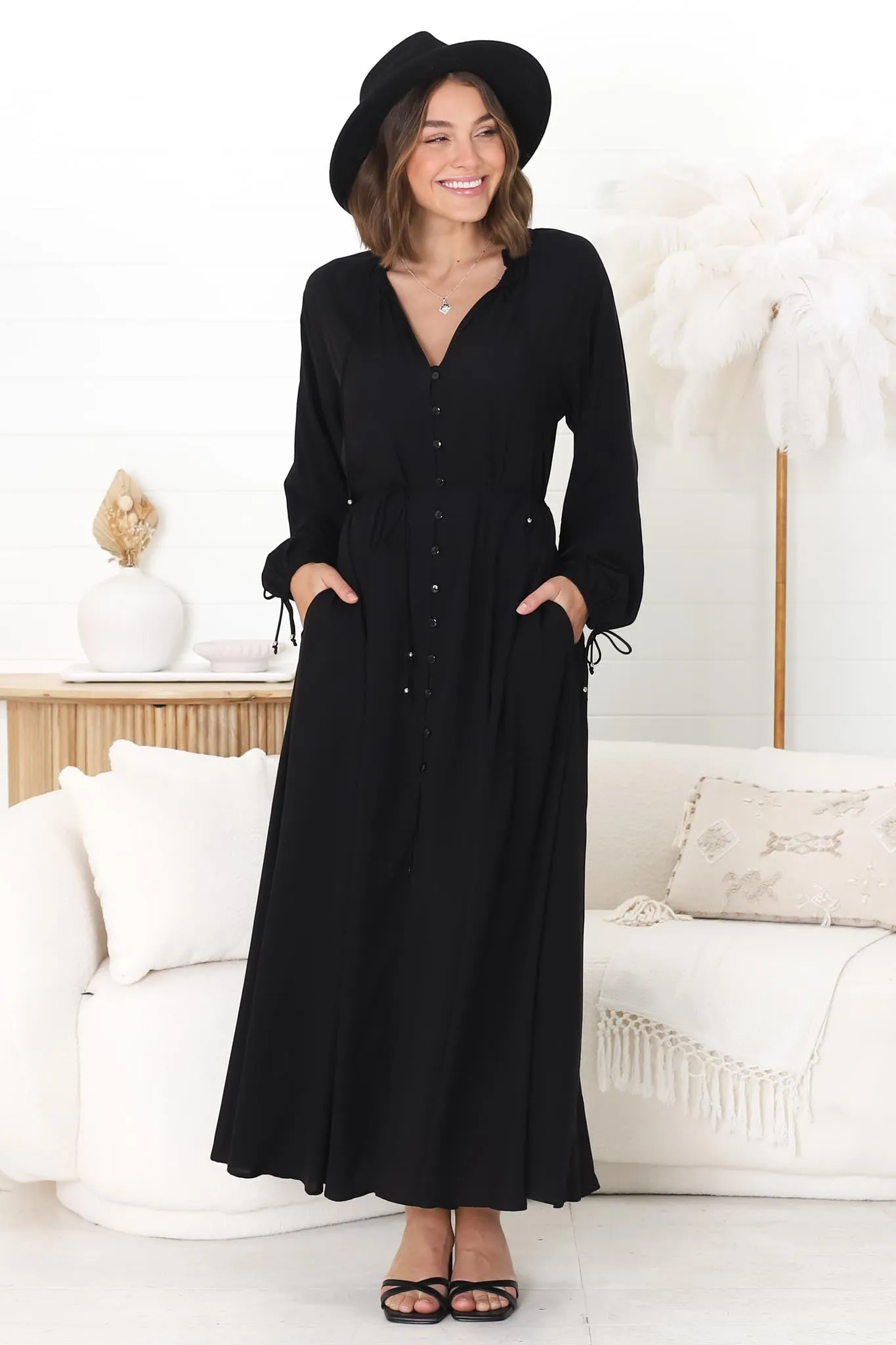Amelie Maxi Dress - Frill Collar Button Through Dress with Waist Tie in Black sold by Salty Crush product image thumbnail 2