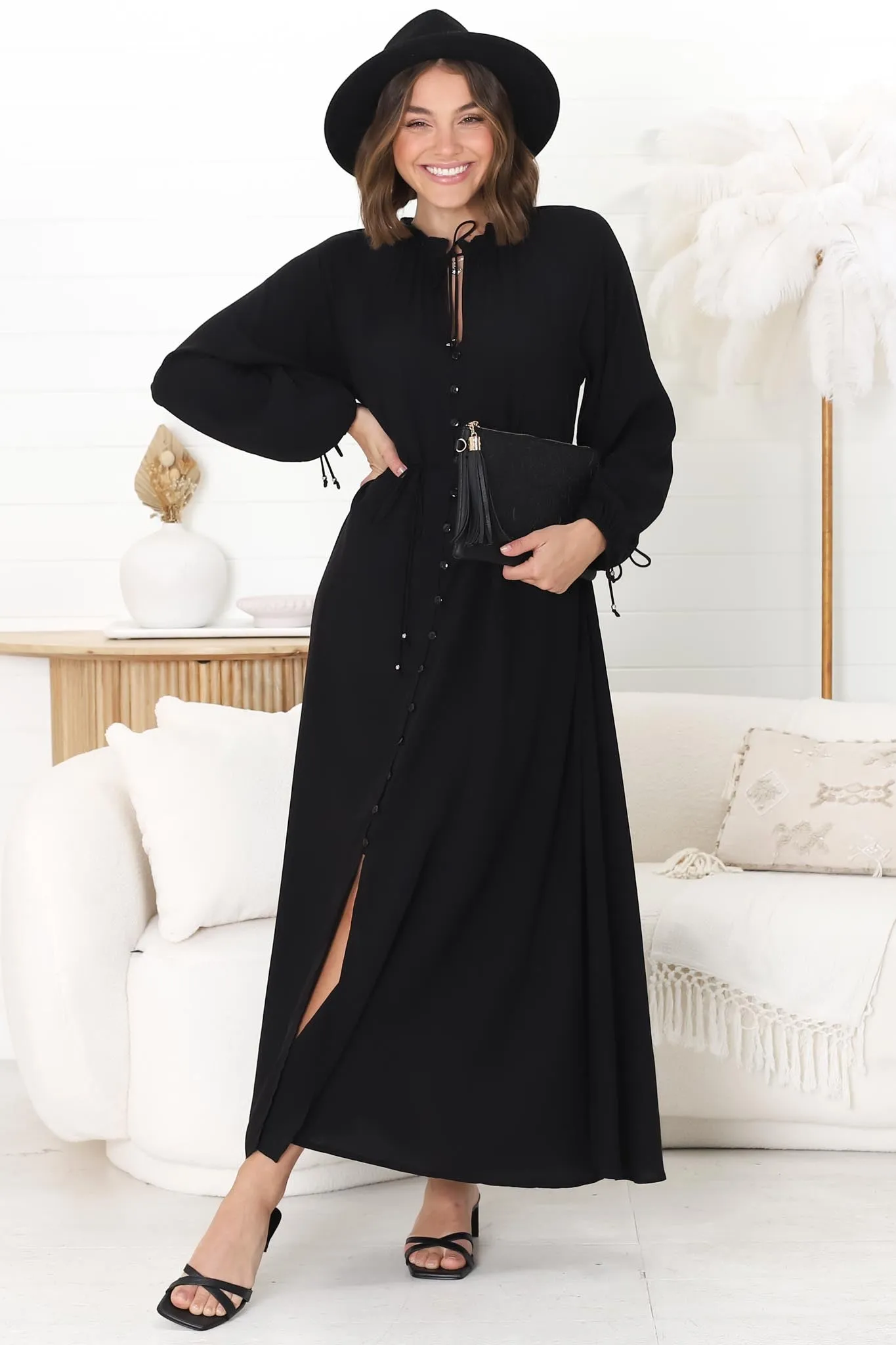 Amelie Maxi Dress - Frill Collar Button Through Dress with Waist Tie in Black sold by Salty Crush product image thumbnail 4