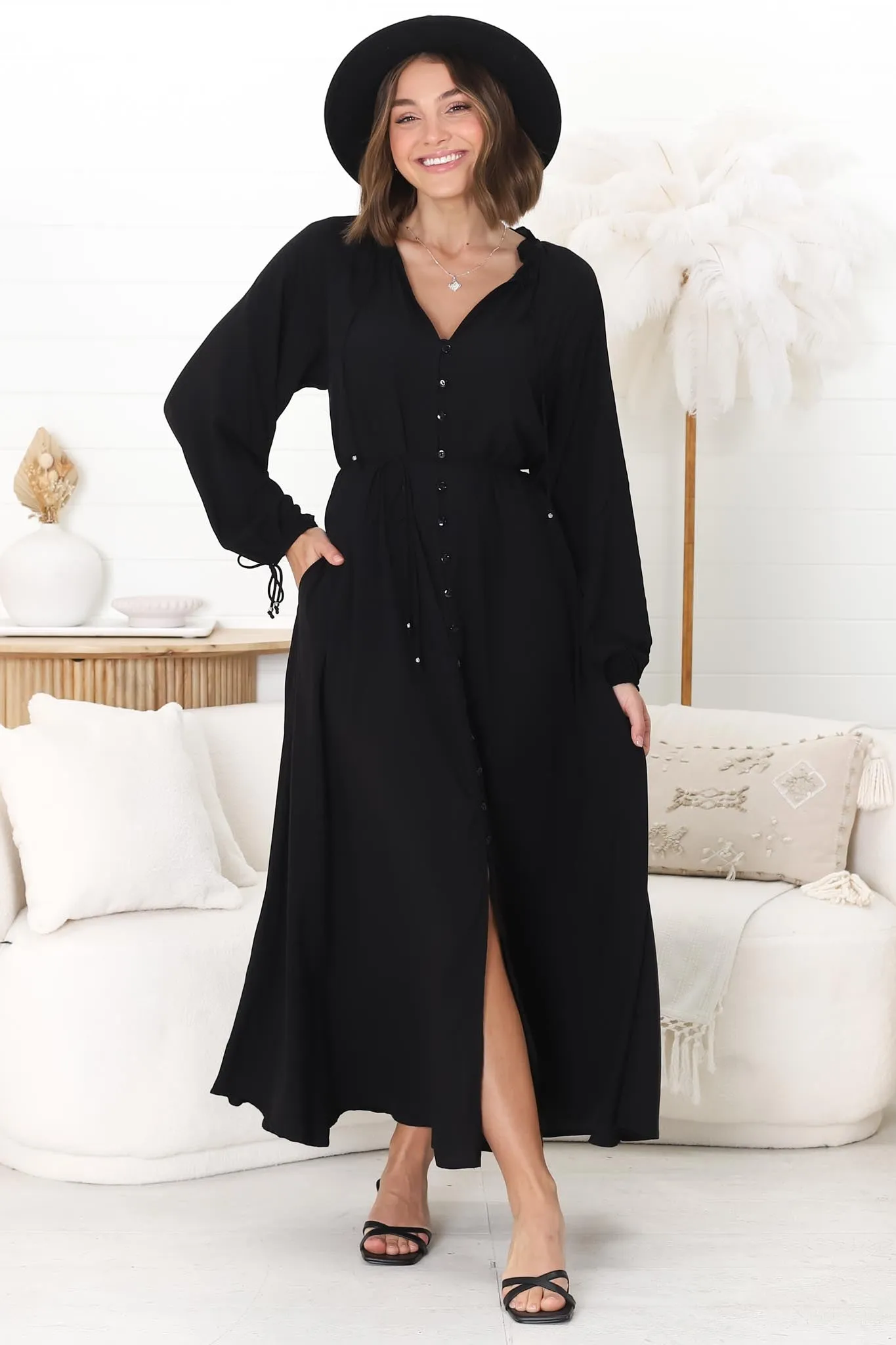 Amelie Maxi Dress - Frill Collar Button Through Dress with Waist Tie in Black sold by Salty Crush product image thumbnail 3