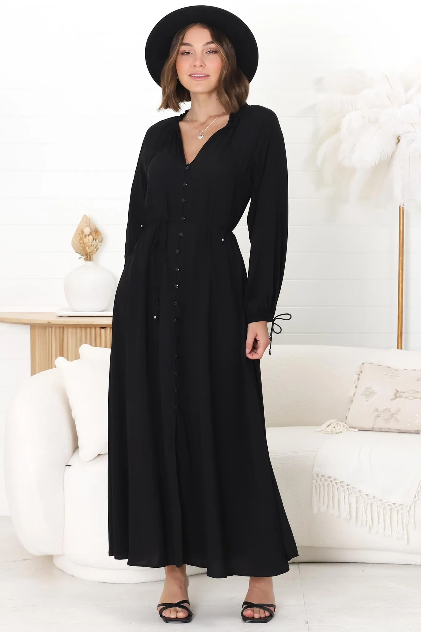 Amelie Maxi Dress - Frill Collar Button Through Dress with Waist Tie in Black sold by Salty Crush