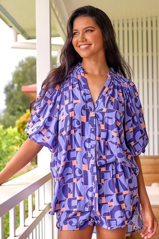 JAASE - Juliet Blouse: Gathered Shoulder Button Down High Low Shirt in Abbi Print sold by Salty Crush