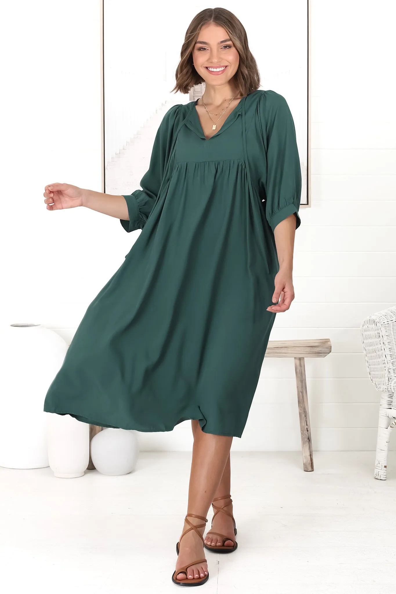 Mariah Midi Dress - V Neck Smock Dress With Batwing Sleeves In Emerald sold by Salty Crush product image thumbnail 4