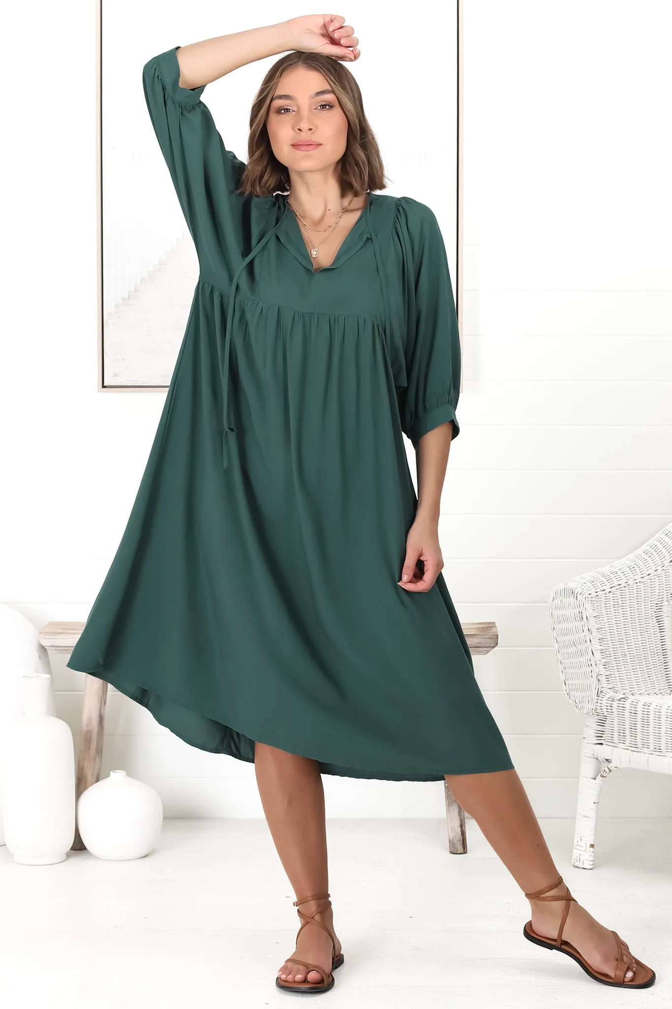 Mariah Midi Dress - V Neck Smock Dress With Batwing Sleeves In Emerald sold by Salty Crush product image thumbnail 3