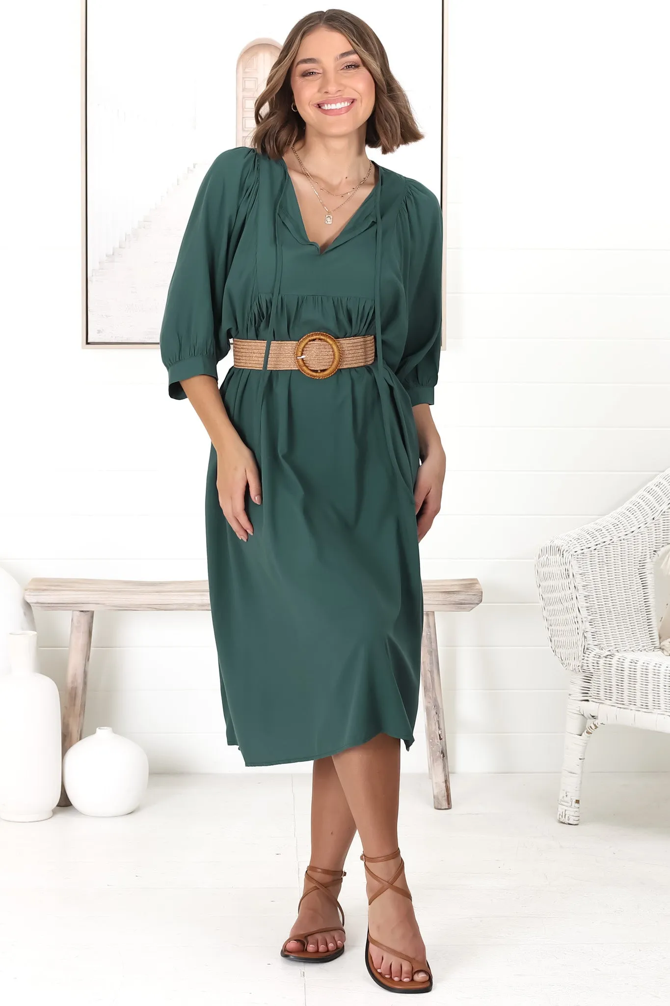 Mariah Midi Dress - V Neck Smock Dress With Batwing Sleeves In Emerald sold by Salty Crush product image thumbnail 2