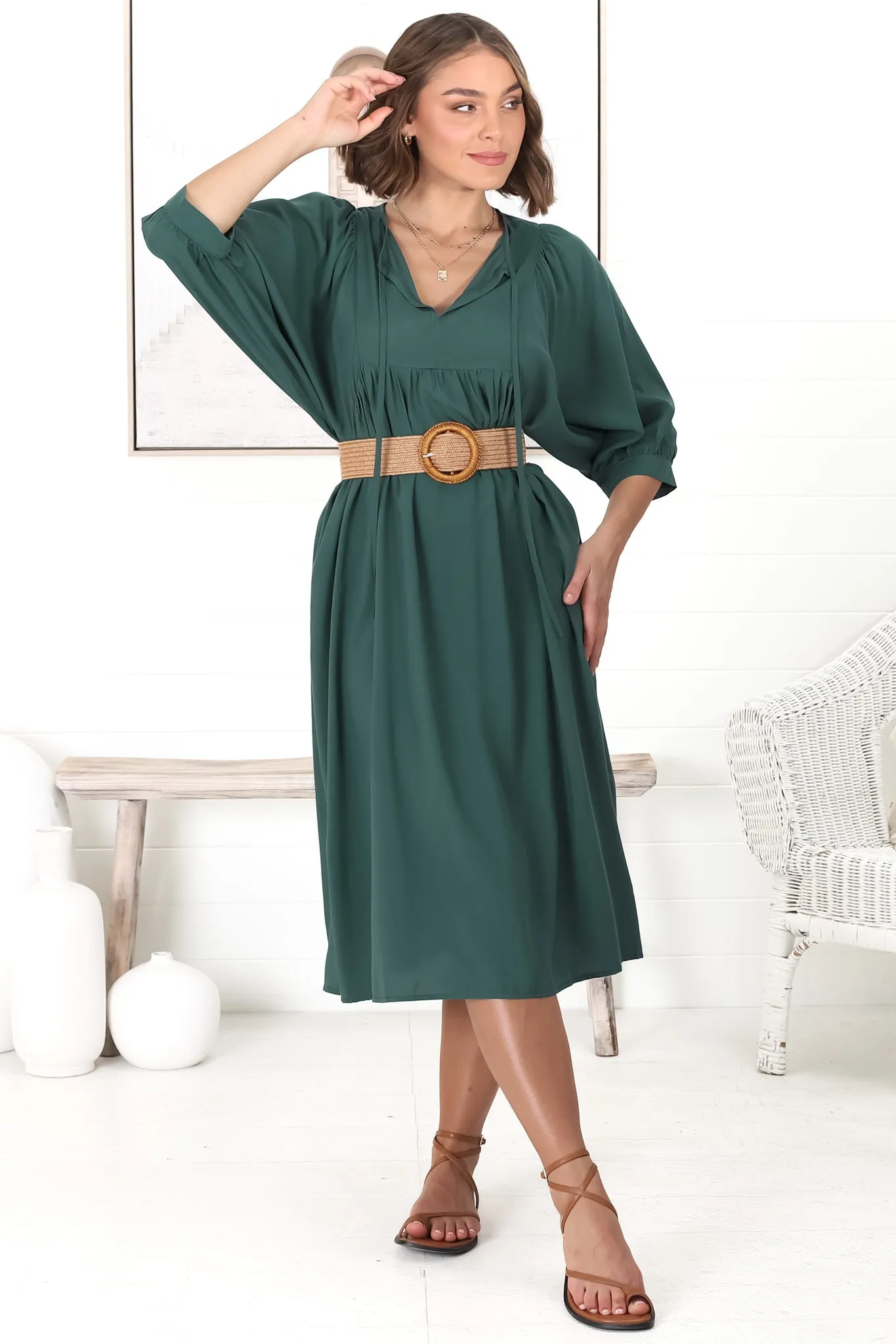 Mariah Midi Dress - V Neck Smock Dress With Batwing Sleeves In Emerald sold by Salty Crush product image thumbnail 5