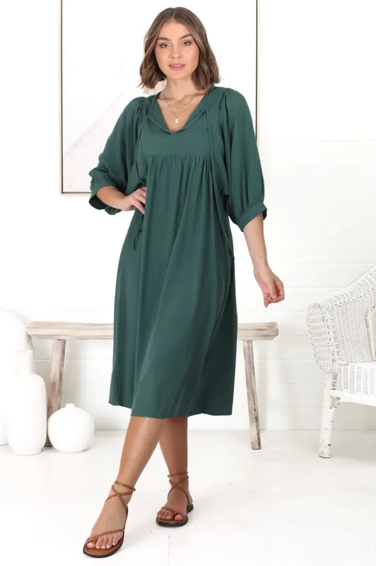 Mariah Midi Dress - V Neck Smock Dress With Batwing Sleeves In Emerald sold by Salty Crush