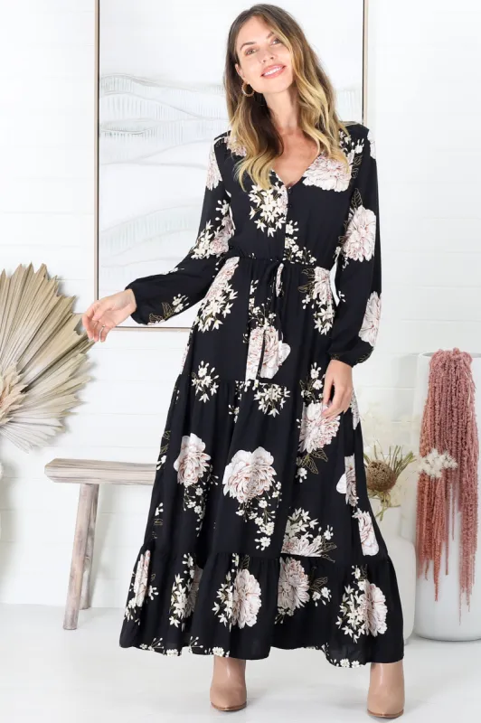 Leyla Maxi Dress - Long Sleeve A Line Dress with Pull Tie Waist in Floral Print sold by Salty Crush