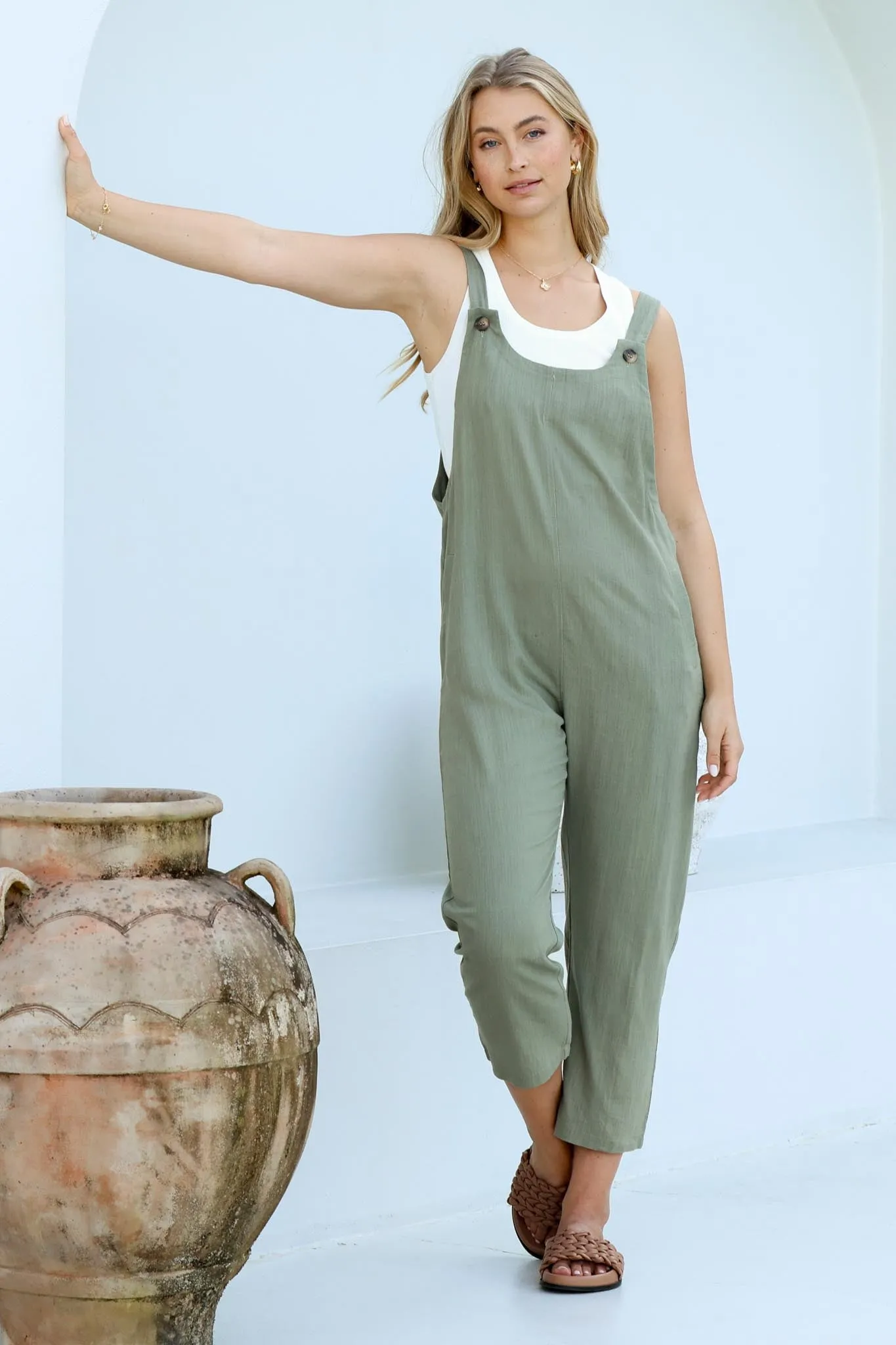 Tulum Jumpsuit - Linen Blend Overalls Pockets in Khaki sold by Salty Crush