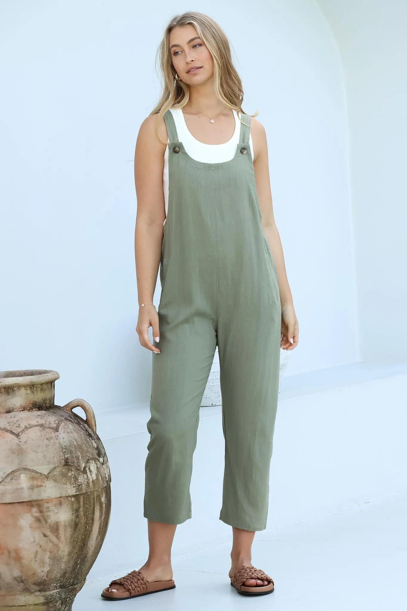 Tulum Jumpsuit - Linen Blend Overalls Pockets in Khaki sold by Salty Crush product image thumbnail 5