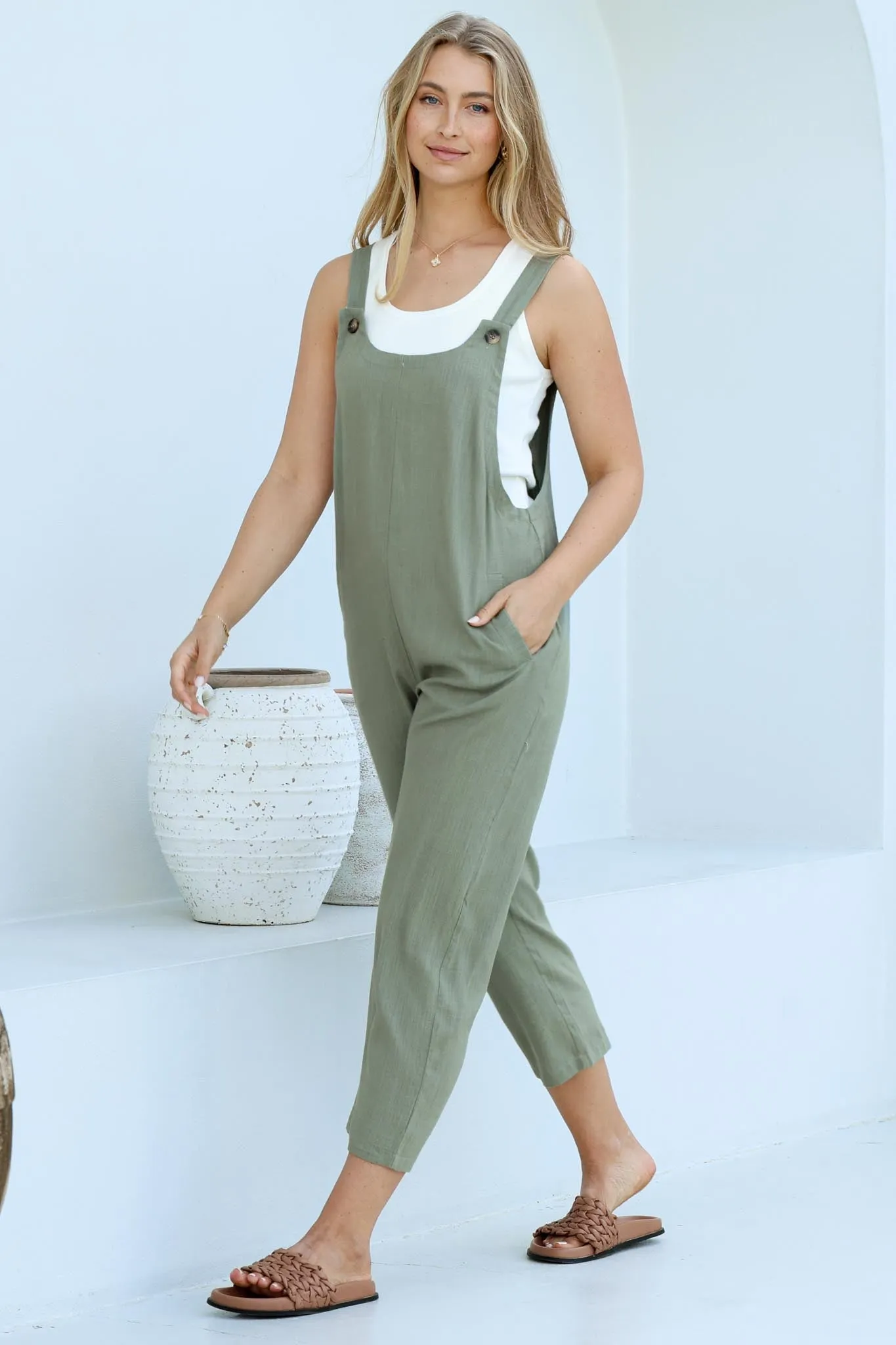 Tulum Jumpsuit - Linen Blend Overalls Pockets in Khaki sold by Salty Crush product image thumbnail 2