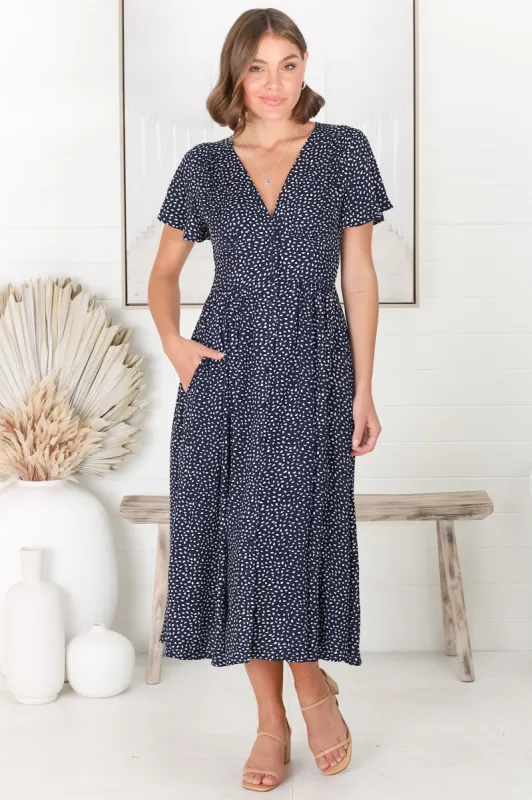 Anais Midi Dress - Cap Flutter Sleeve Button Down A Line Dress in Bell Print sold by Salty Crush