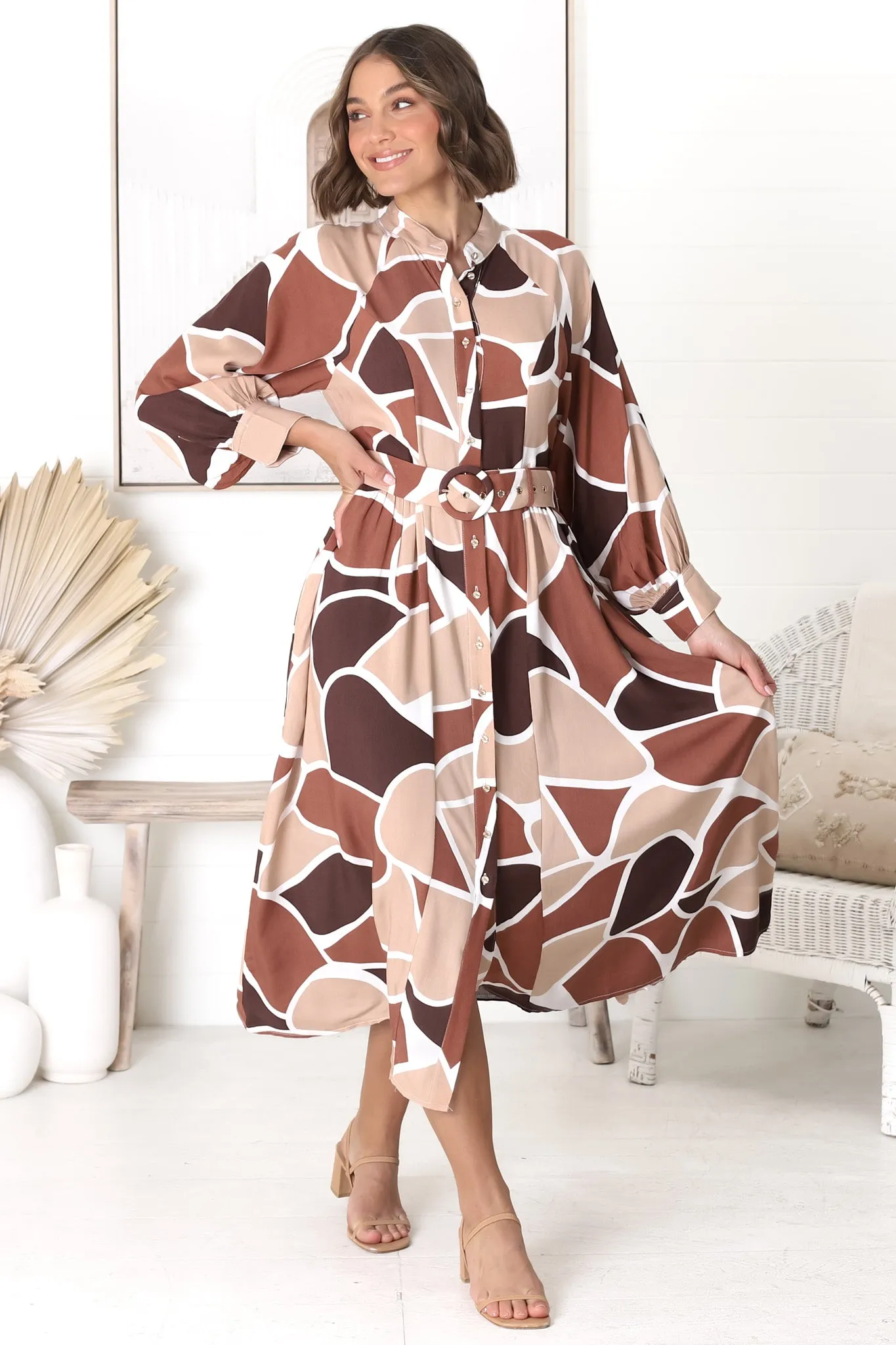Baden Midi Dress - Mandarin Collar Button Down Dress in Abstract Chocco Print sold by Salty Crush product image thumbnail 3