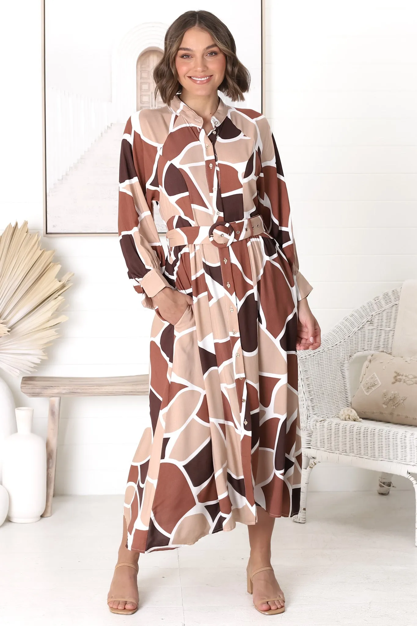 Baden Midi Dress - Mandarin Collar Button Down Dress in Abstract Chocco Print sold by Salty Crush product image thumbnail 2